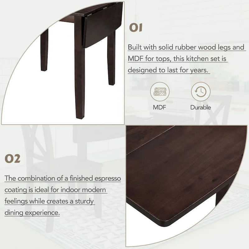 Juego de mesa de comedor para rincón de desayuno de madera de 3 piezas con mesa de ala caída