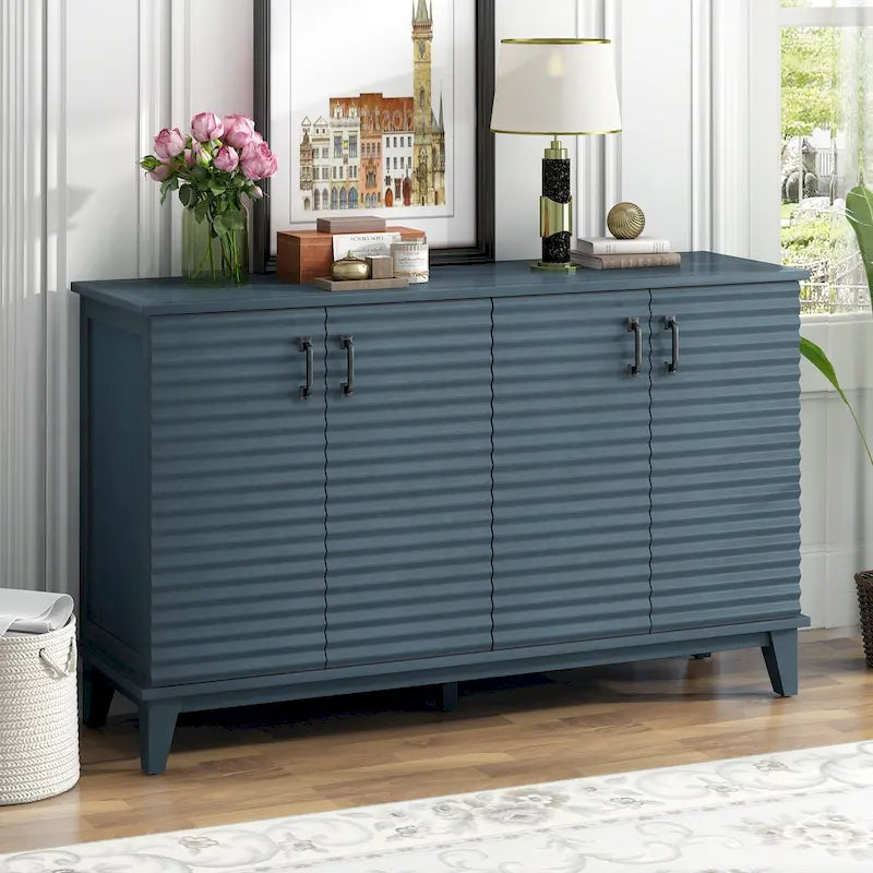 Aparador retro de 4 puertas en gris envejecido/espresso/azul marino con estantes ajustables - Para 1 hogar