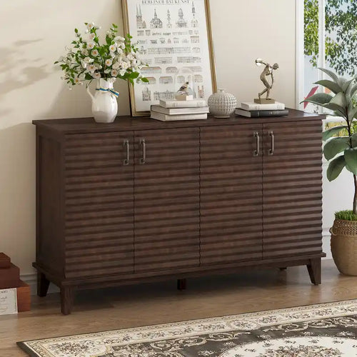 Retro Style 4-Door Sideboard with Adjustable Shelves and Metal Handles for Kitchen, Living Room, Dining Room
