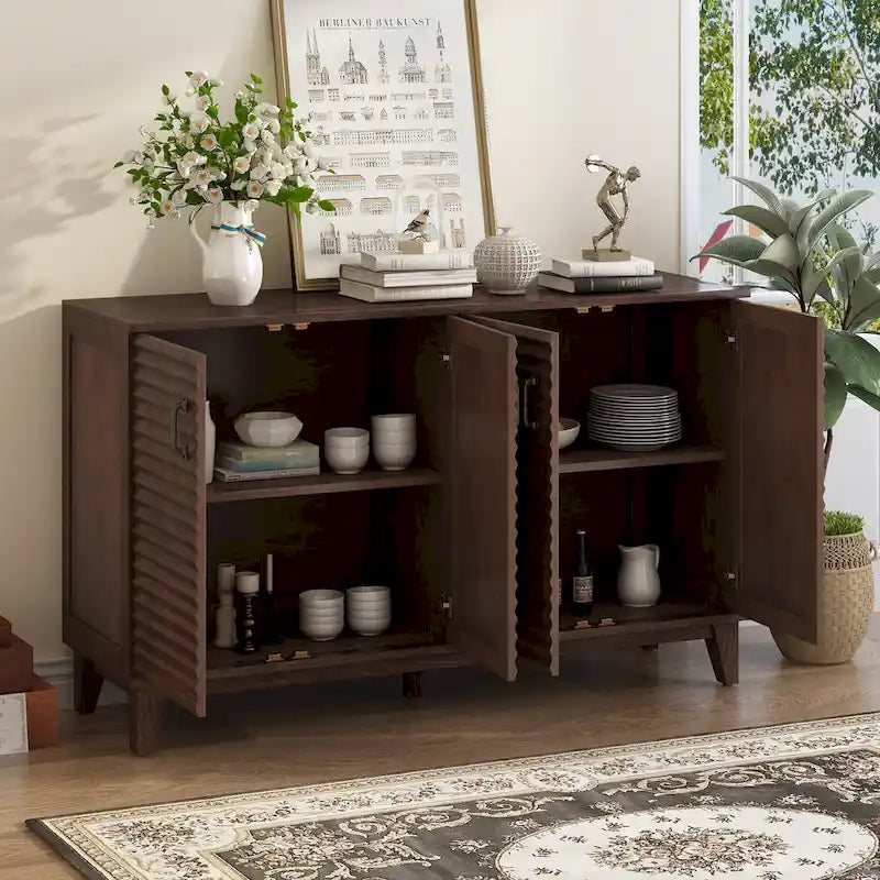 Aparador retro de 4 puertas en gris envejecido/espresso/azul marino con estantes ajustables - Para 1 hogar