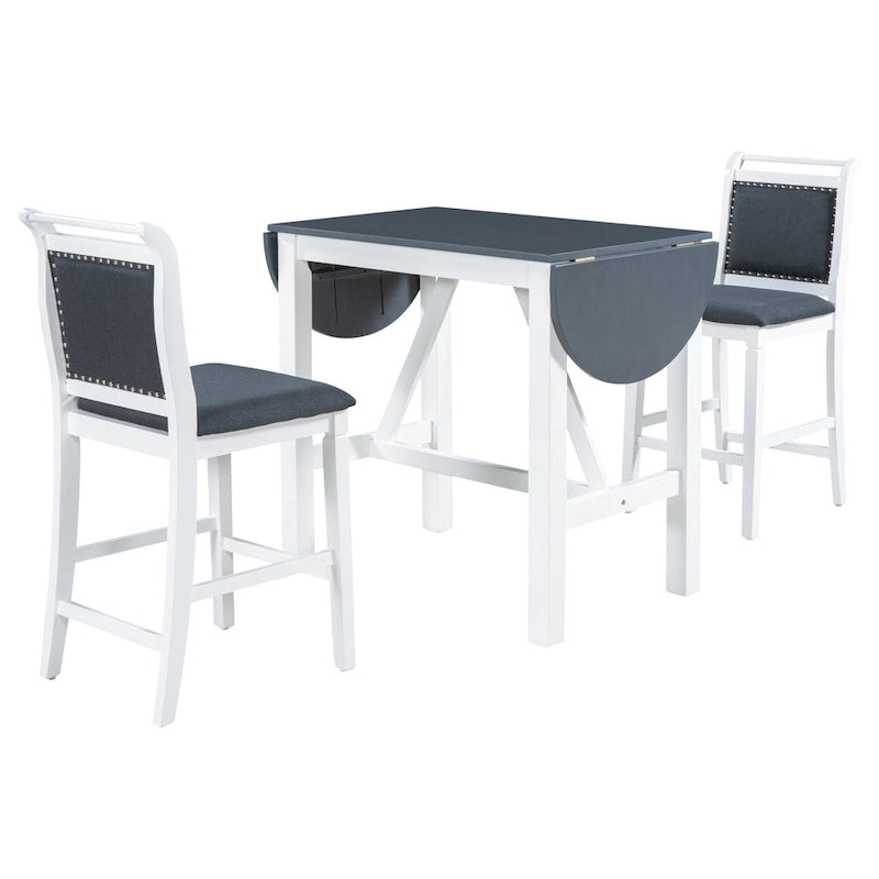 Juego de comedor de 3 piezas de madera a la altura de la encimera con mesa de hoja abatible y 2 sillas