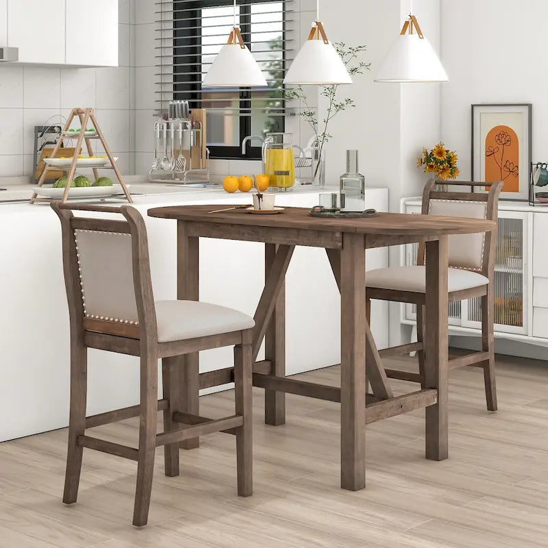 Juego de comedor de 3 piezas de madera a la altura de la encimera con mesa de hoja abatible y 2 sillas