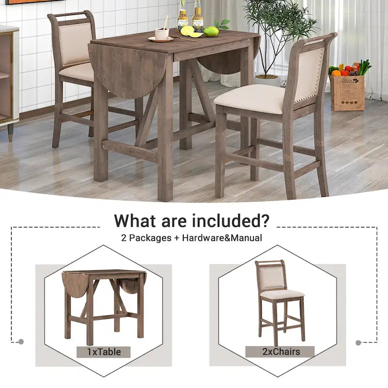 Juego de comedor de 3 piezas de madera a la altura de la encimera con mesa de hoja abatible y 2 sillas