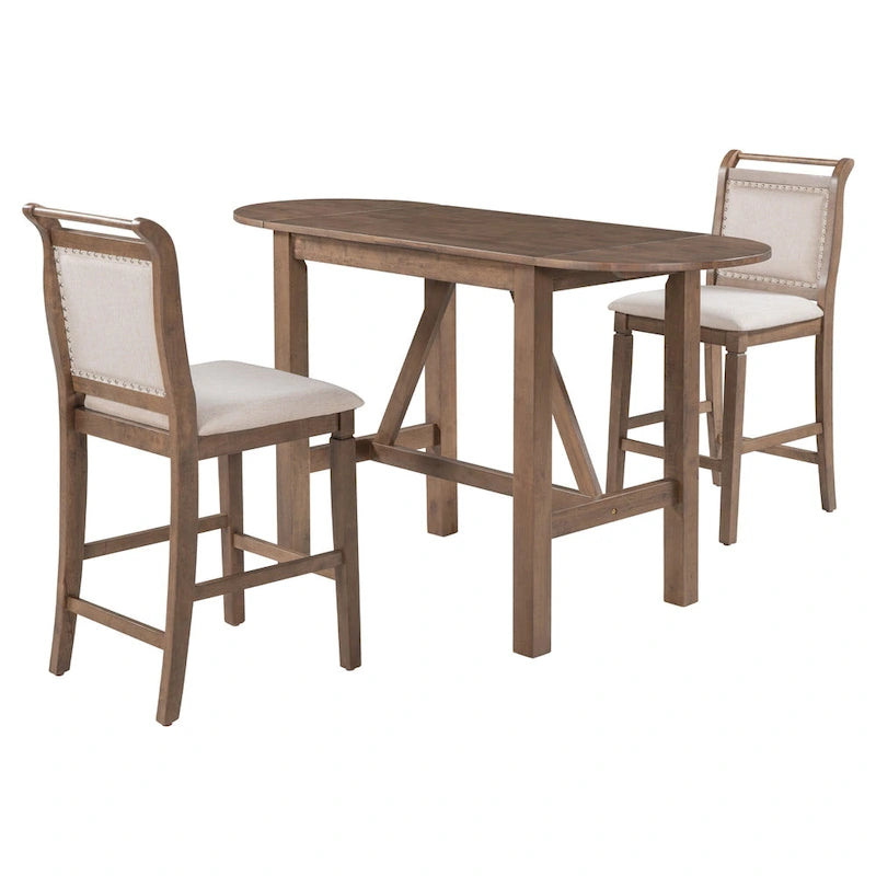 Juego de comedor de 3 piezas de madera a la altura de la encimera con mesa de hoja abatible y 2 sillas