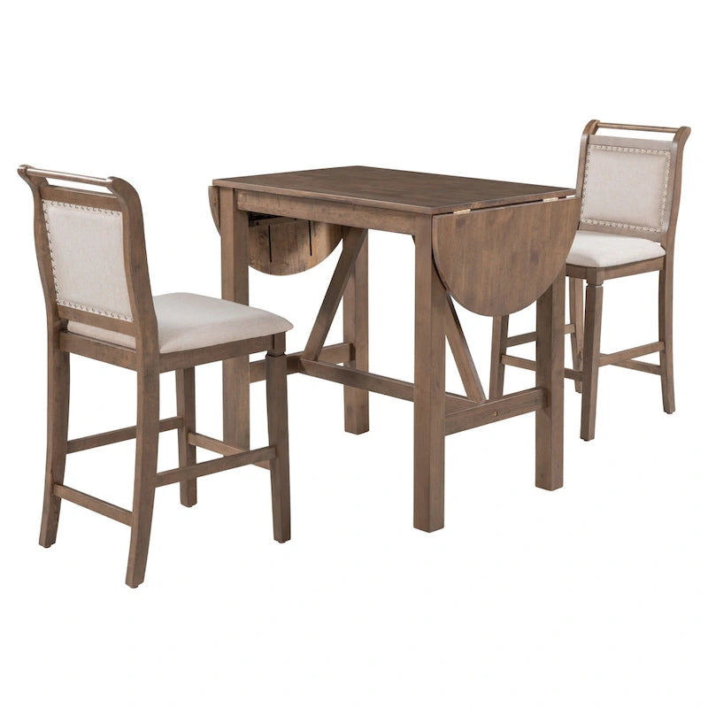Juego de comedor de 3 piezas de madera a la altura de la encimera con mesa de hoja abatible y 2 sillas