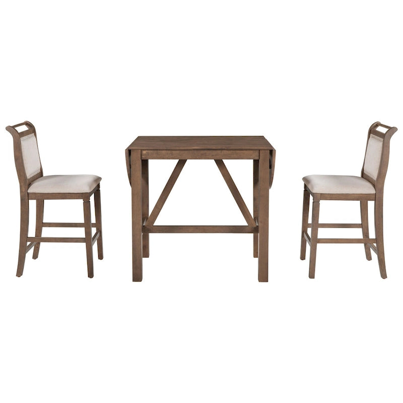 Juego de comedor de 3 piezas de madera a la altura de la encimera con mesa de hoja abatible y 2 sillas