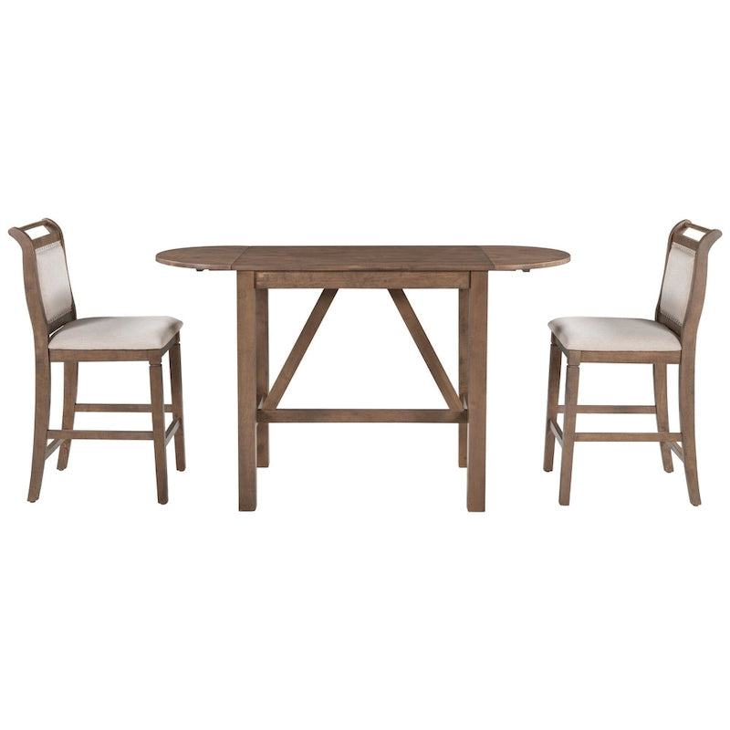 Juego de comedor de 3 piezas de madera a la altura de la encimera con mesa de hoja abatible y 2 sillas