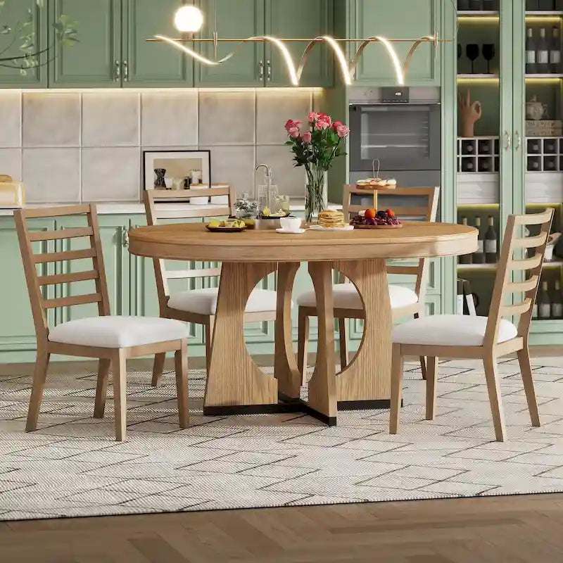 Juego de comedor de 5 piezas de estilo vintage con mesa extensible y 4 sillas tapizadas