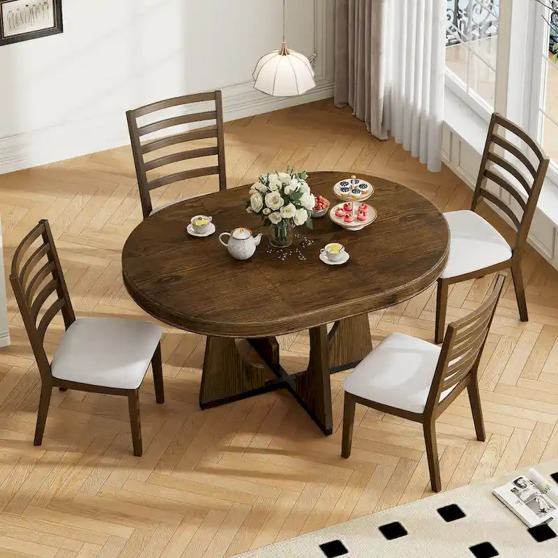 Juego de comedor de 5 piezas de estilo vintage con mesa extensible y 4 sillas tapizadas