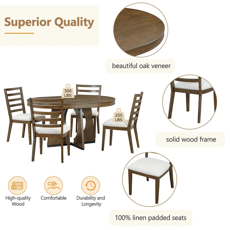 Juego de comedor de 5 piezas de estilo vintage con mesa extensible y 4 sillas tapizadas