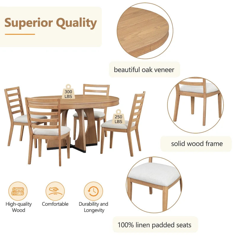 Juego de comedor de 5 piezas de estilo vintage con mesa extensible y 4 sillas tapizadas