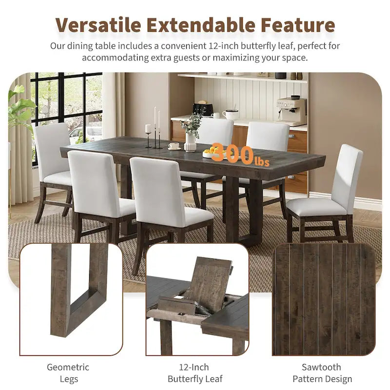 Juego de comedor tradicional extensible de 7 piezas con tablero de mariposa y 6 sillas tapizadas