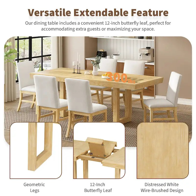 Juego de comedor tradicional extensible de 7 piezas con tablero de mariposa y 6 sillas tapizadas