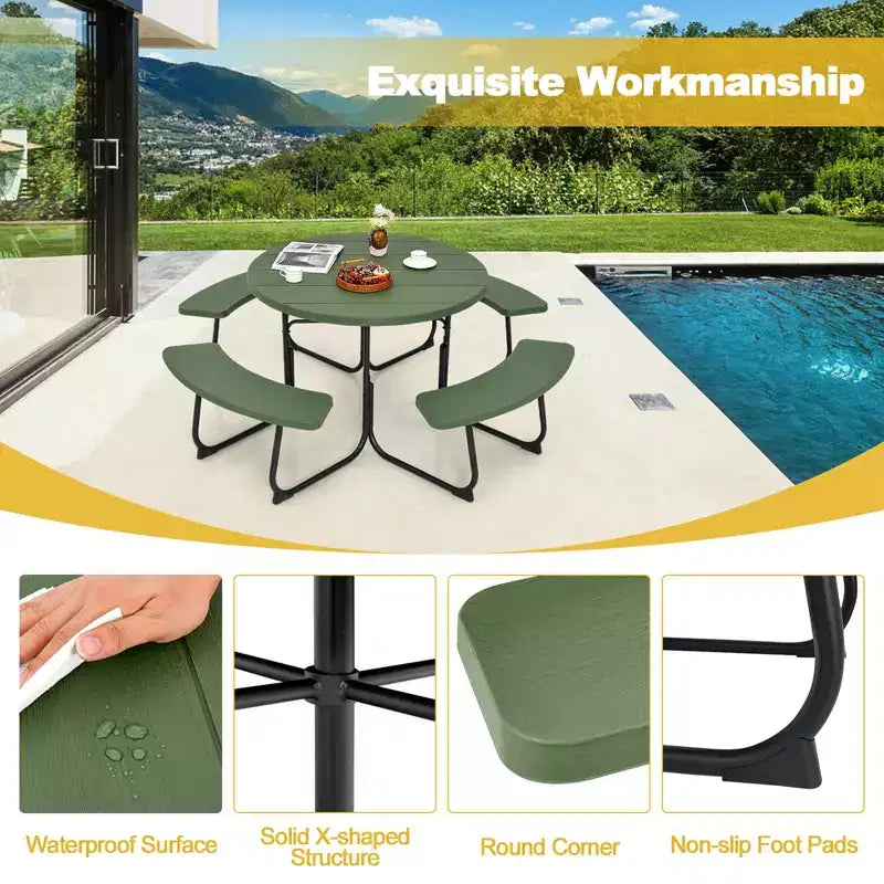 Costway Outdoor 8-person Round Picnic Table Bench Set with 4 Benches & Umbrella Hole Black/Grey/Green/White