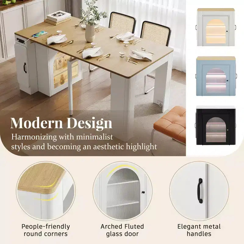 Whisen Extendable Dining Table, Mobile Rolling Island Table with 3 Removable Middle Leaves, Storage Cabinet