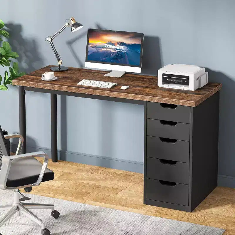 Lantine Computer Desk with 5 Drawers, 47 inches Modern Simple Home Office Desk Study Writing Table for Small Spaces