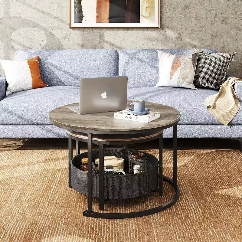 GALAXHERO Set of 2 Nesting Round Coffee Tables - 31.5 Center Tables with Storage & Metal Frame for Living Room/Apartment