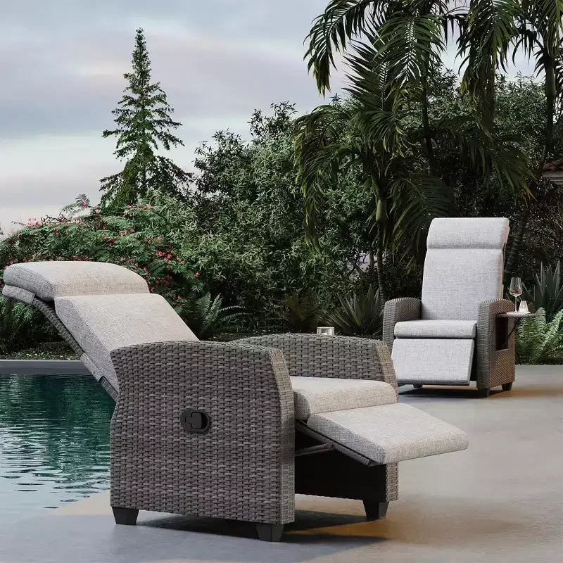 Indoor Outdoor Wicker Recliner Chair with Flip-Up Table Air Pump 155 Lay Flat, Adjustable Wicker Lounge Recliner Chair with Backrest and Footrest