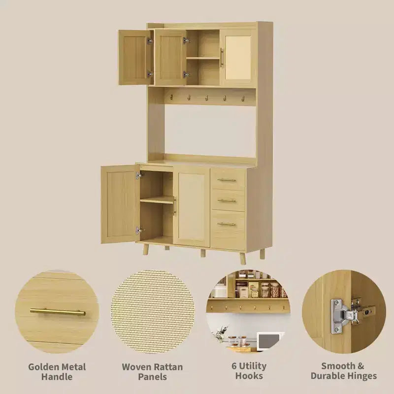 71 Rattan Kitchen Pantry Storage Cabinet, Buffet Cabinet with Microwave Stand, Adjustable Shelves and 6 Hooks Natural