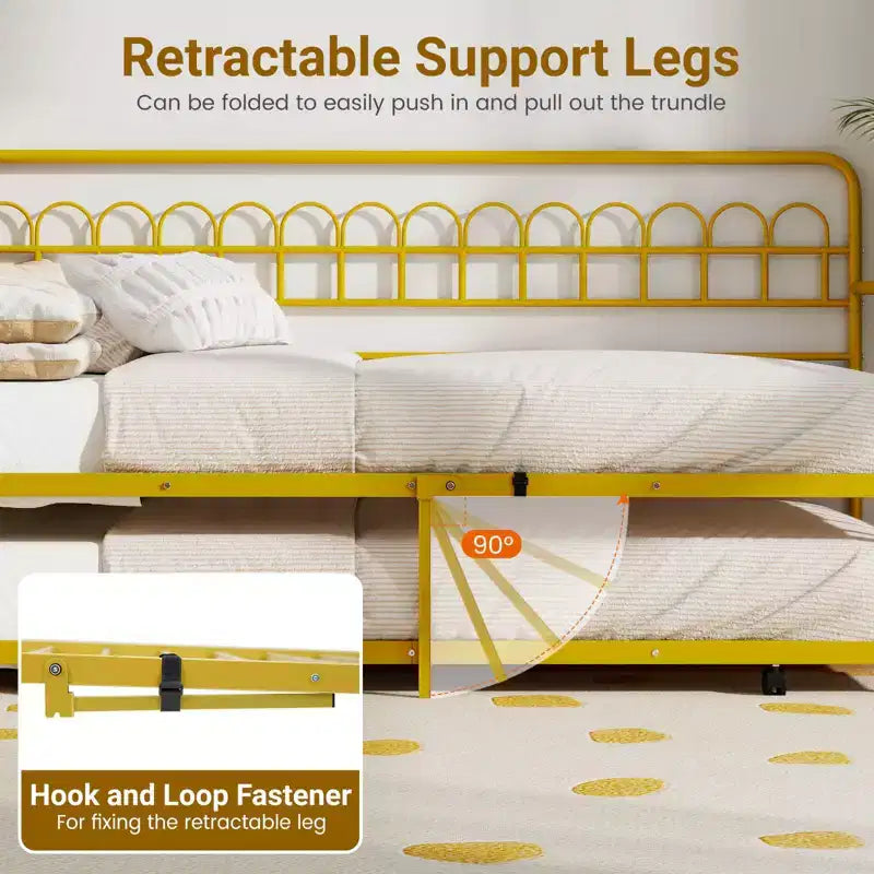 Costway Twin Daybed with Trundle Curved Backrest & Armrests Heavy-duty Metal Slats Black/Gold