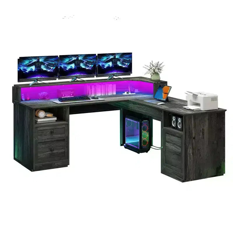 Balconera L Shaped Desk with Drawers 60inch Corner Computer Desk with Power Outlets & Lift Top with Storage Cabinet & LED Lights Grey