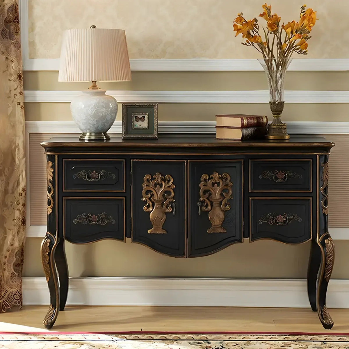 French Coffee Wood Storage Console Table with Drawers
