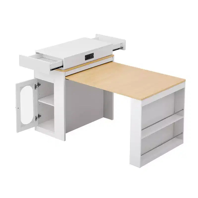 Whisen Extendable Dining Table, Mobile Rolling Island Table with 3 Removable Middle Leaves, Storage Cabinet