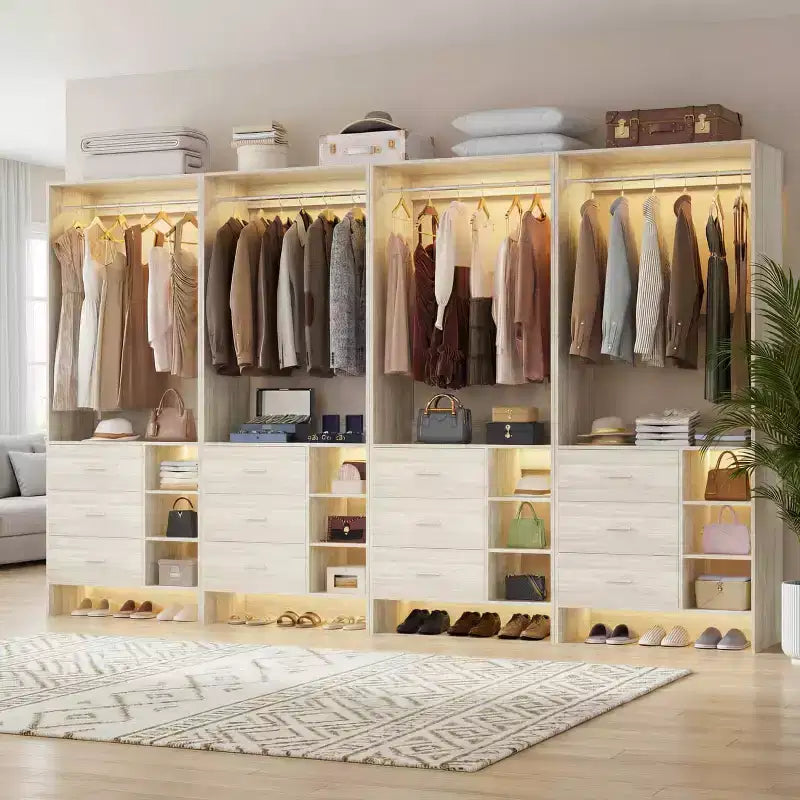 Besiost Set of 4 Closet Organizer with Wooden Drawers and Hanging Rods