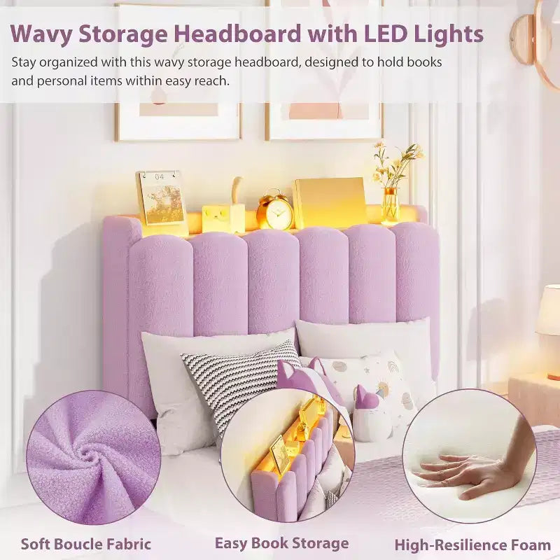 Bed frame with storage headboard, childrens bed frame with 2 drawers, fabric upholstered platform bed, contoured headboard with bookshelf