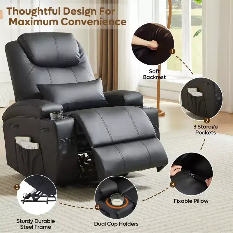 Bestier 34.6 Electric Power Lift Asist Recliner Chair with Massage and Heat, Fax Leather Reclining Chair with Side Pockets & Cup Holders