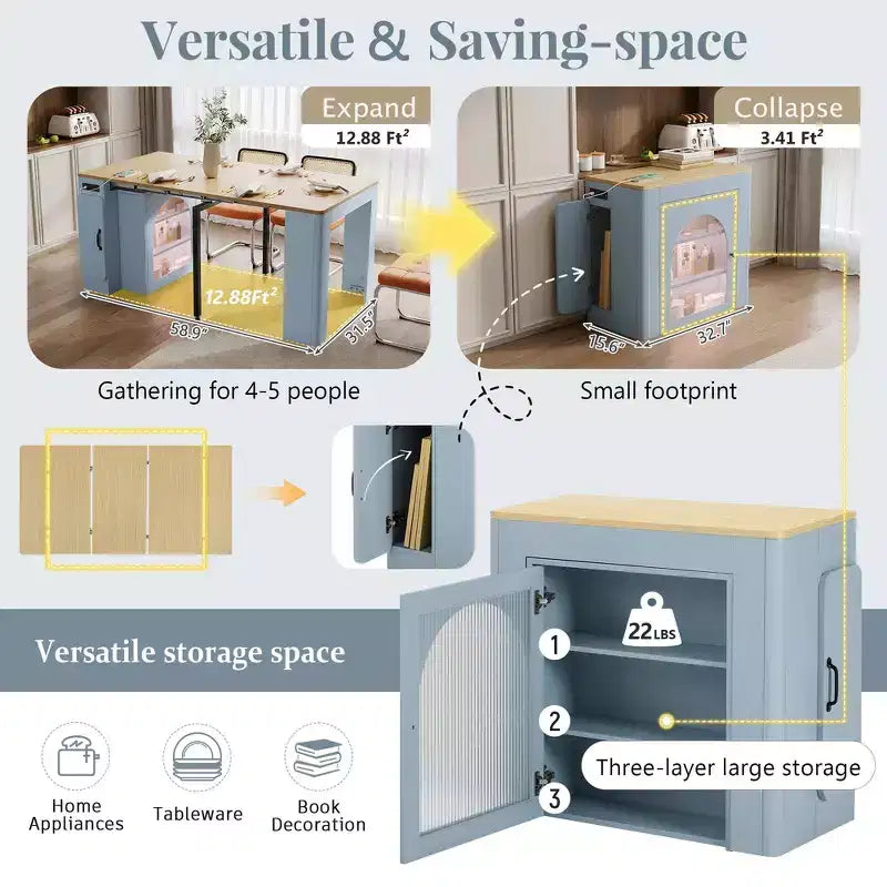 Whisen Extendable Dining Table, Mobile Rolling Island Table with 3 Removable Middle Leaves, Storage Cabinet