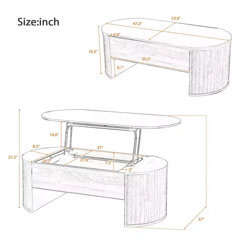 47.2 Lift Top Coffee Table, Oval Wooden Center Table with Hidden Storage, Modern Cocktail Table for Living Room Bedroom Office
