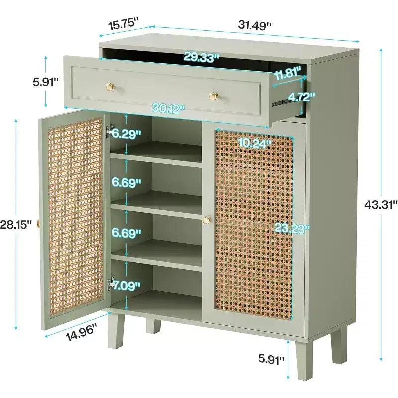 Lantine 6-Tier Modern Boho Shoe Cabinet with Doors, Drawer and Adjustable Shelf. Rattan design, mint green. Ideal for entryway, living room.