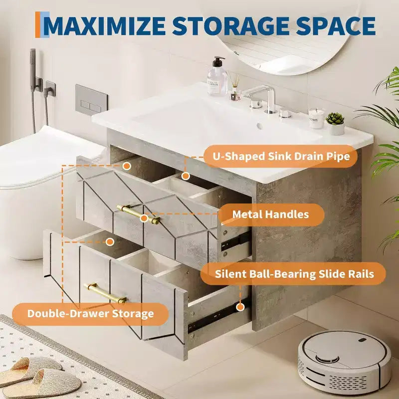 Modern Floating Bathroom Vanity Set with Basin - Wall-Mounted Cabinet with Soft-Close Storage Drawer and Gold Handle, 24 or 30 Size