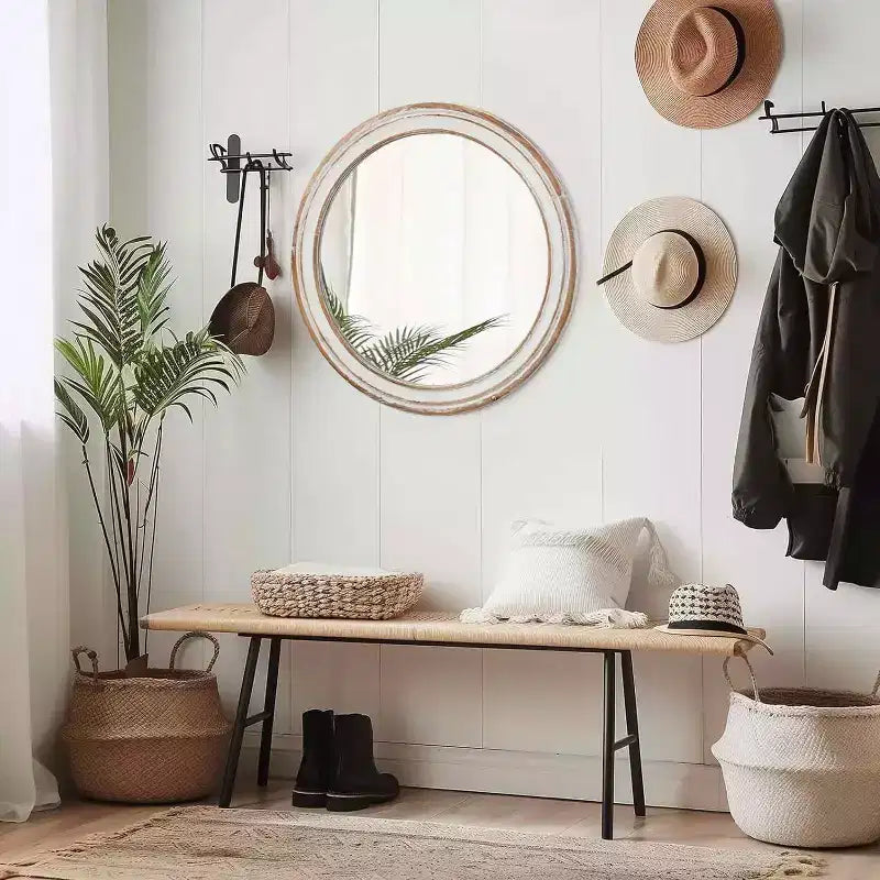 MAYEERTY Miroir Mural Rond de Ferme en Bois de 61 cm pour Salle de Bain, Coiffeuse, Chambre à Coucher, Salon, Cuisine, Bureau