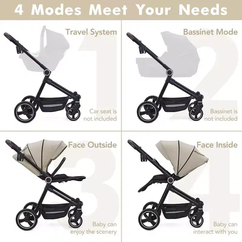 Baby Stroller, Foldable Stroller - High Landscape Pushchair for Newborn & Toddler, Convertible Pram with Reversible Backrest
