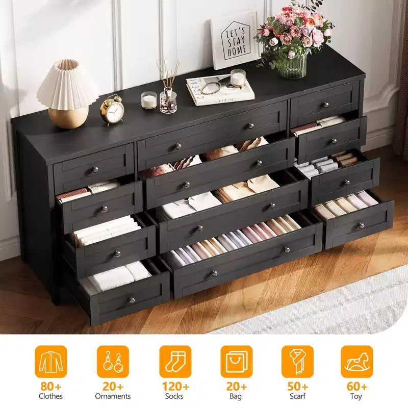 12 Drawers Dresser for Bedroom Wooden, Modern Wide TV Stand Dressers for 65 Inch TV, Wood Chest of Drawers, Farmhouse Clothes Storage for Living Room
