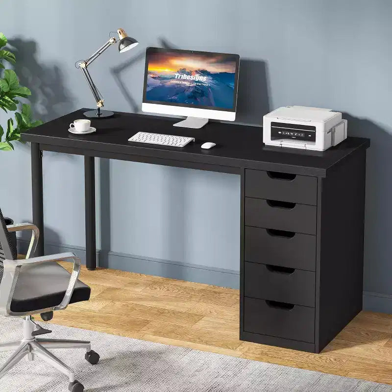 Lantine Computer Desk with 5 Drawers, 47 inches Modern Simple Home Office Desk Study Writing Table for Small Spaces