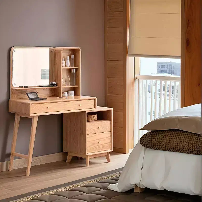 GDFStudio Crichton Modern Solid Oak Dresser Table with 4 Drawers and Shelves