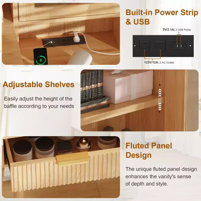 Makeup Vanity Desk with Power Outlet, Big Modern Fluted Vanity Desk with 23.6 Hd Lighted Mirror, 5 Drawers and Storage ShelfDressing Table