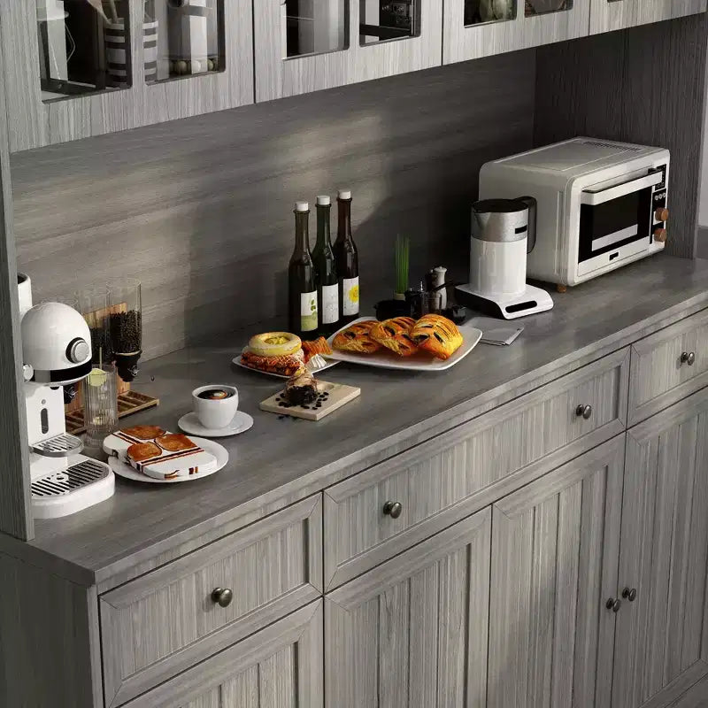 Famapy 61.2W Gray Storage Cabinet Buffet Hutch Kitchen Pantry Cabinet with Ornate Base Trim: Blend of Elegance and Utility
