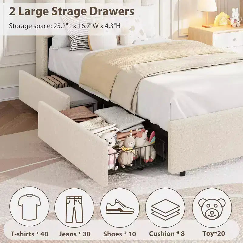 Bed frame with storage headboard, childrens bed frame with 2 drawers, fabric upholstered platform bed, contoured headboard with bookshelf