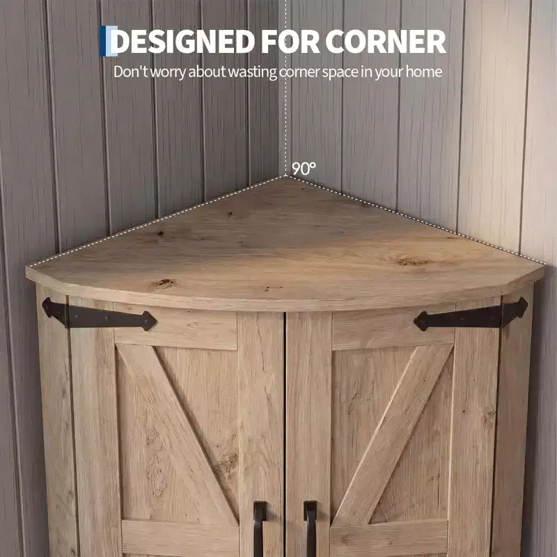 64.8 Tall Corner Cabinet with Doors, Brown Farmhouse Corner Storage Cabinet, Freestanding Corner Pantry Cabinet with Adjustable Shelves