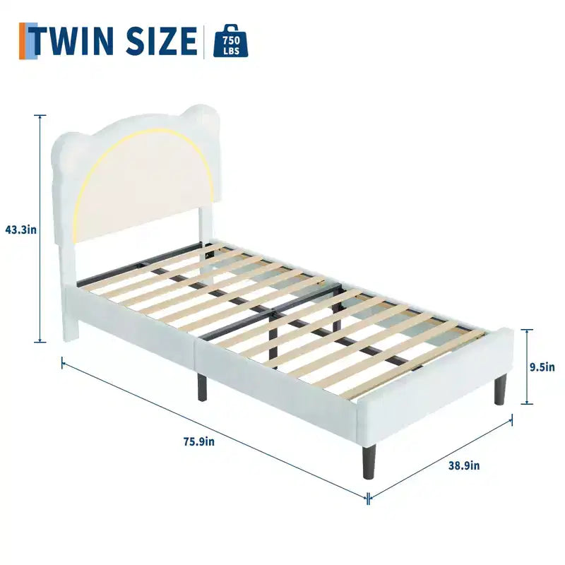 Cute Kids Bed Frame - Adjustable adorable bear design, suede upholstery, storage drawers, solid wood slats, quiet design, easy to assemble.