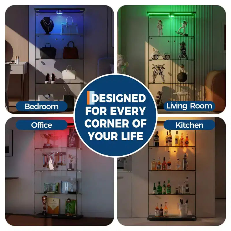 4-Tier Tempered Glass Display Cabinet, Full-Glass Curio Case with LED Lights & Human Body Sensor, Storage Cabinet for Collectibles & Decor