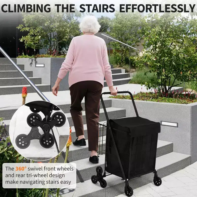 Heavy Duty Stair Climbing Shopping Cart - 360 Swivel Tri-Wheels, Waterproof Liner,135LBS,Folding Carbon Steel Trolley for Laundry, Groceries