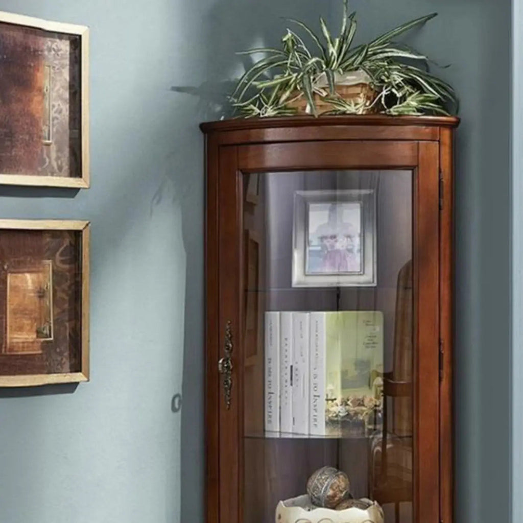 Classic Brown Rubberwood Corner Cabinet with Glass Door