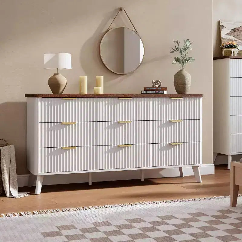 Fluted 9-Drawer Dresser, 60.6 Wide Wood Chest of Drawers with Deep Storage, for Bedroom, Living Room, or Hallway Use
