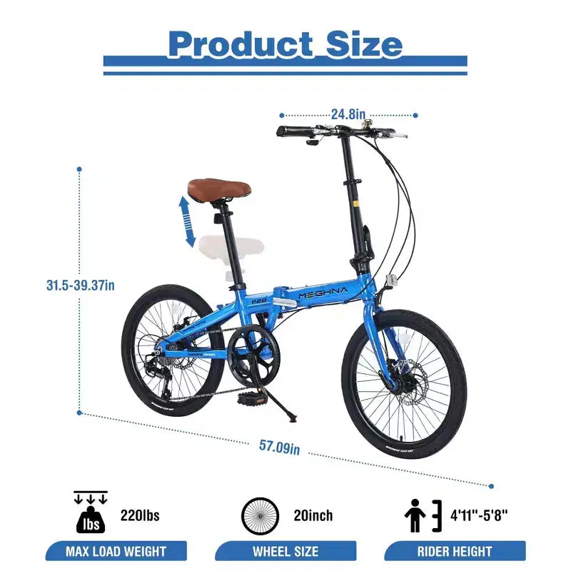 NAYSAYE 20 Inch Folding City Bike Lightweight Aluminum Frame 7 Speed for Commuting and Travel, Blue, 57.09*24.8*39.37