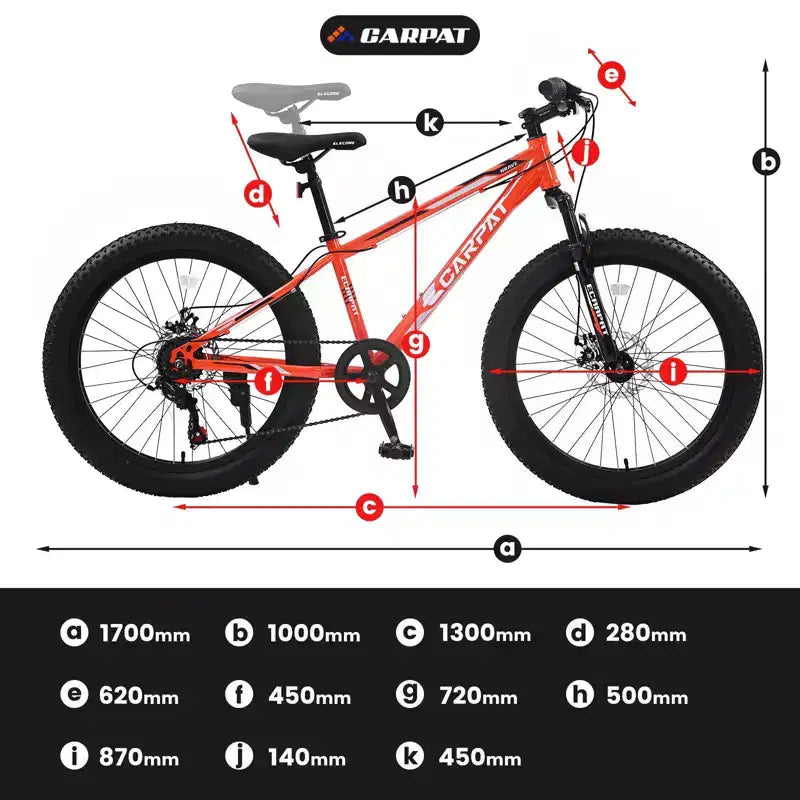 Okak 24IN Fat Tire Bike with Front Suspension, 7-Speed Mountain Bike with Disc Brake and High-Carbon Steel Frame, Trail Bike for Commuting